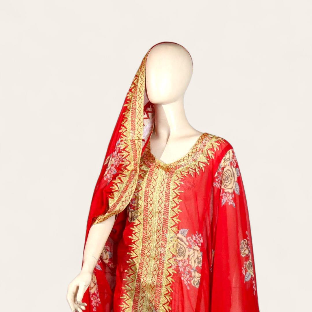 ثوب كورار أحمر مورد تطريز ذهبي