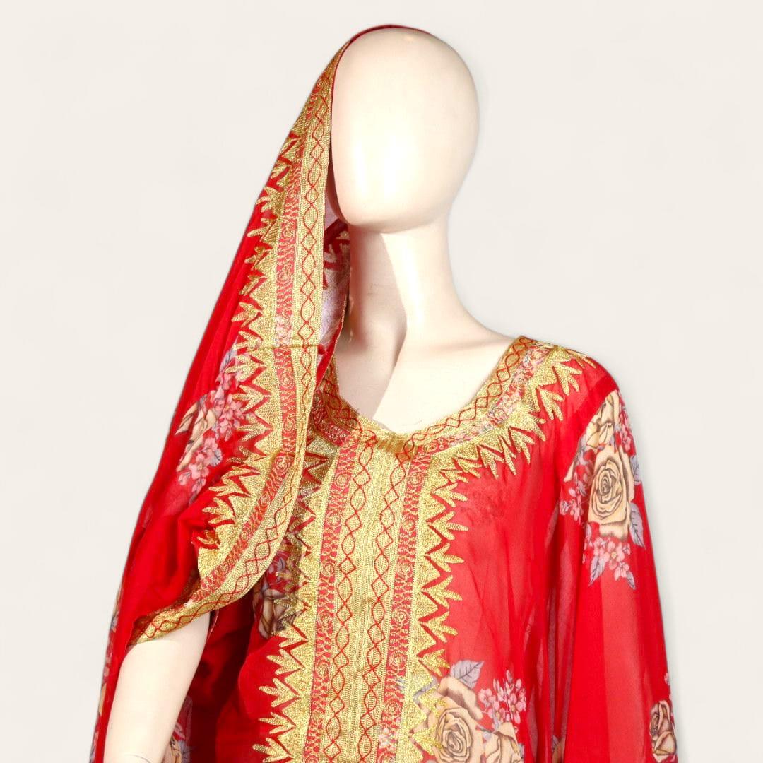 ثوب كورار أحمر مورد تطريز ذهبي